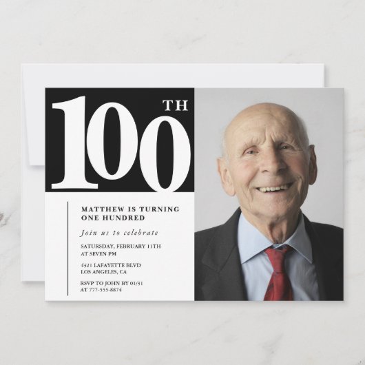 Invitations Black 100e anniversaire Modern Chic Ph (Devant)