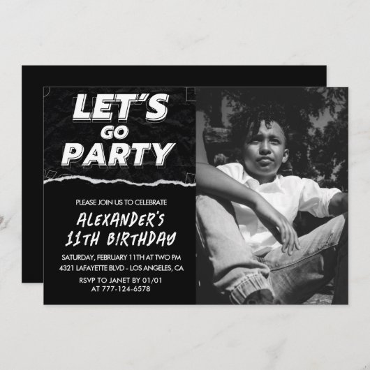Invitations Black 11e anniversaire Boy Photo (Devant / Derrière)