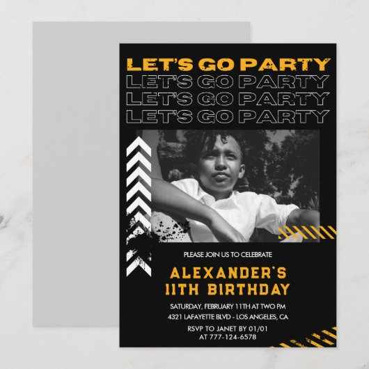Invitations Black 11e anniversaire Boy Photo Spray (Devant / Derrière)