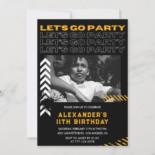 Invitations Black 11e anniversaire Boy Photo Spray (Devant)