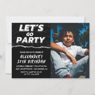 Invitations Black 12e anniversaire Boy Photo