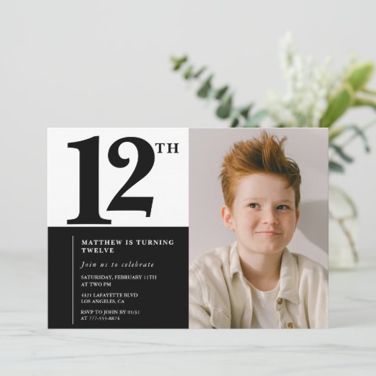 Invitations Black 12e anniversaire Elegant Chic (Debout devant)