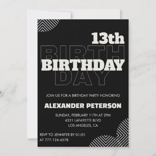 Invitations Black 13e anniversaire Boy de fête (Devant)