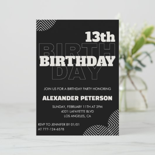 Invitations Black 13e anniversaire Boy de fête (Debout devant)