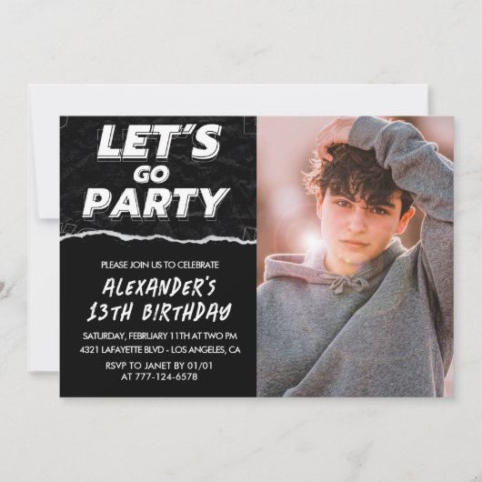 Invitations Black 13e anniversaire Boy Photo (Devant)