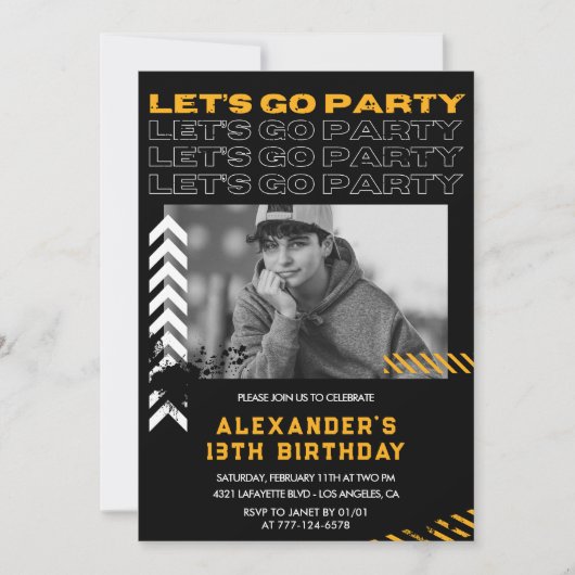 Invitations Black 13e anniversaire Boy Photo Spray (Devant)