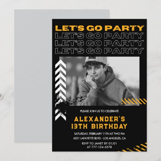 Invitations Black 13e anniversaire Boy Photo Spray (Devant / Derrière)
