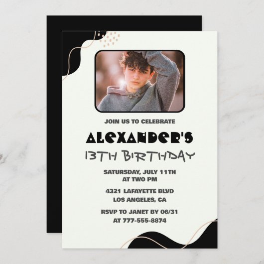 Invitations Black 13e anniversaire Boy Simple Phot (Devant / Derrière)