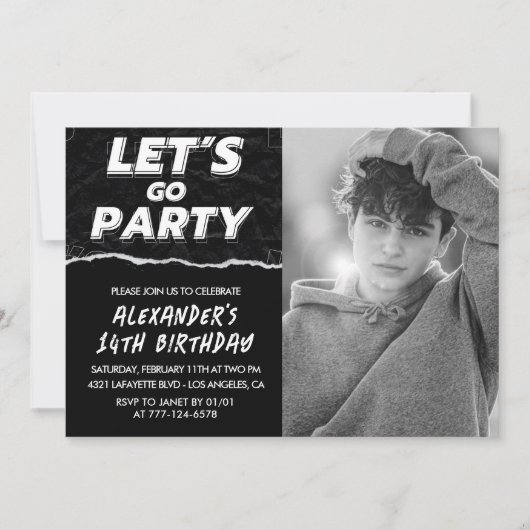 Invitations Black 14e anniversaire Boy Photo (Devant)
