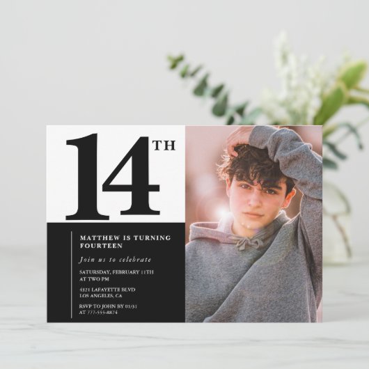 Invitations Black 14e anniversaire Elegant Chic (Debout devant)