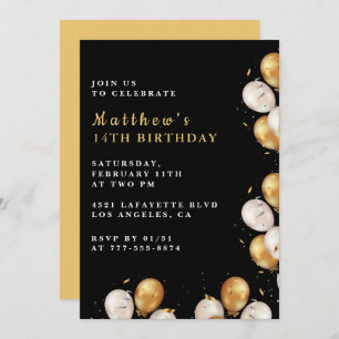 Invitations Black 14e anniversaire Gold Balloon Bo