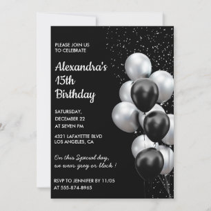 Invitations Black 15e anniversaire Ballons Argent