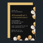 Invitations Black 15e anniversaire Gold Balloon<br><div class="desc">Noir et or 15e anniversaire invitations moderne simple calligraphie typographie féminine jalon classique élégant glam célébration</div>