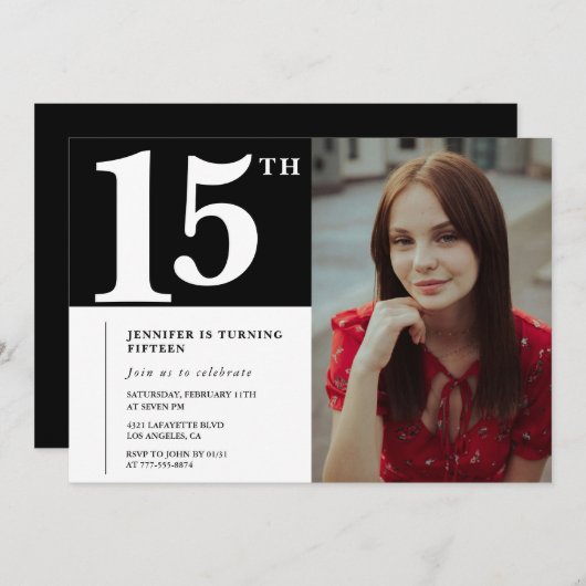 Invitations Black 15e anniversaire Modern Chic Pho (Devant / Derrière)
