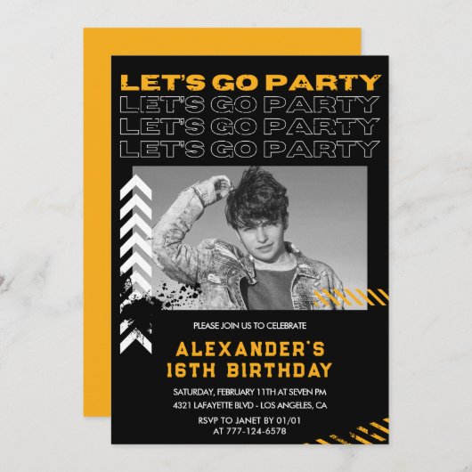 Invitations Black 16e anniversaire Hommes Photo Sp (Devant / Derrière)