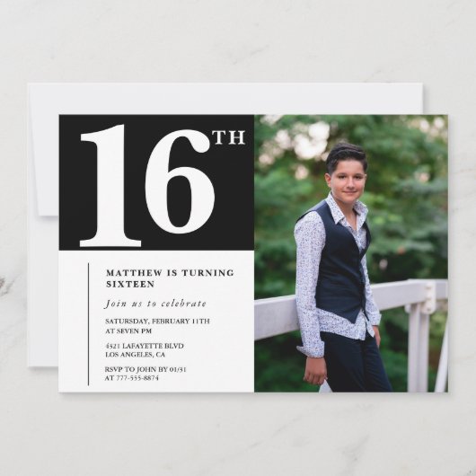 Invitations Black 16e anniversaire Modern Chic Pho (Devant)