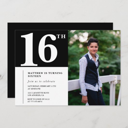 Invitations Black 16e anniversaire Modern Chic Pho (Devant / Derrière)