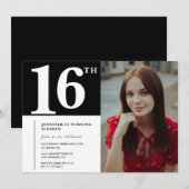 Invitations Black 16e anniversaire Modern Chic Pho (Devant / Derrière)