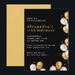 Invitations Black 17e anniversaire Gold Balloon<br><div class="desc">Noir et or 17ème anniversaire invitations moderne simple calligraphie typographie féminine jalon classique élégant glam célébration</div>