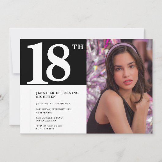 Invitations Black 18e anniversaire Girl Chic Photo (Devant)