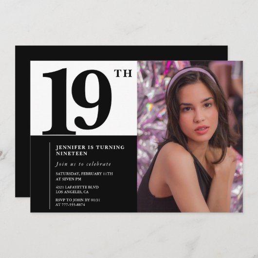 Invitations Black 19e anniversaire Elegant Chic (Devant / Derrière)