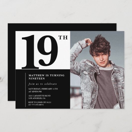 Invitations Black 19e anniversaire Elegant Chic (Devant / Derrière)