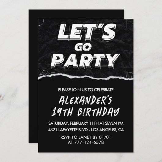 Invitations Black 19e anniversaire Hommes Blanc (Devant / Derrière)