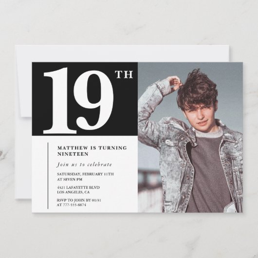 Invitations Black 19e anniversaire Modern Chic Pho (Devant)