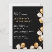 Invitations Black 1er anniversaire Gold Balloon Bo (Devant)