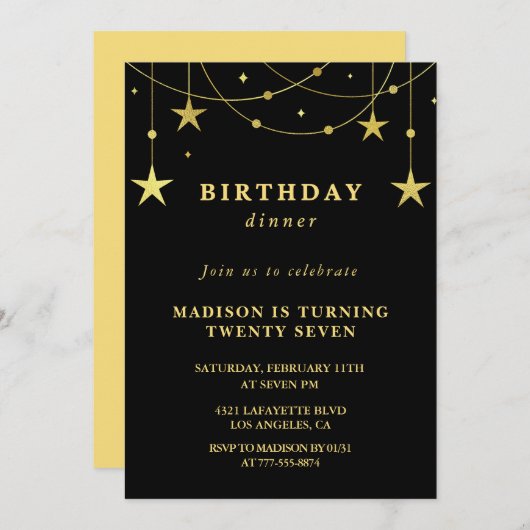 Invitations Black 27e anniversaire Gold Stars (Devant / Derrière)