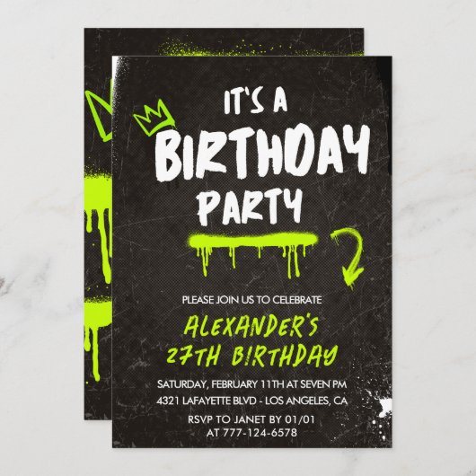 Invitations Black 27e anniversaire Hommes Graffiti (Devant / Derrière)