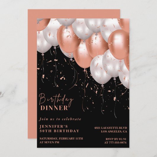 Invitations Black 30e anniversaire Balloon Glam Pi (Devant / Derrière)