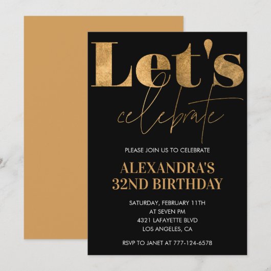 Invitations Black 32e anniversaire Gold Elegant (Devant / Derrière)