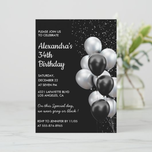 Invitations Black 34e anniversaire Ballons Argent (Debout devant)