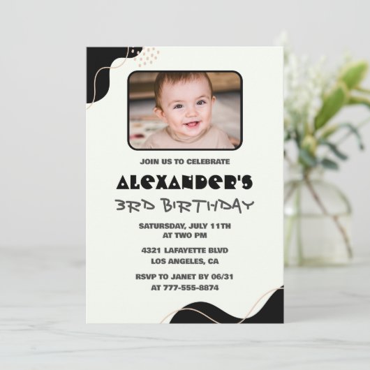 Invitations Black 3e anniversaire Boy Simple Photo (Debout devant)