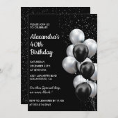 Invitations Black 40e anniversaire Ballons Argent (Devant / Derrière)