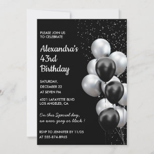 Invitations Black 43e anniversaire Ballons Argent