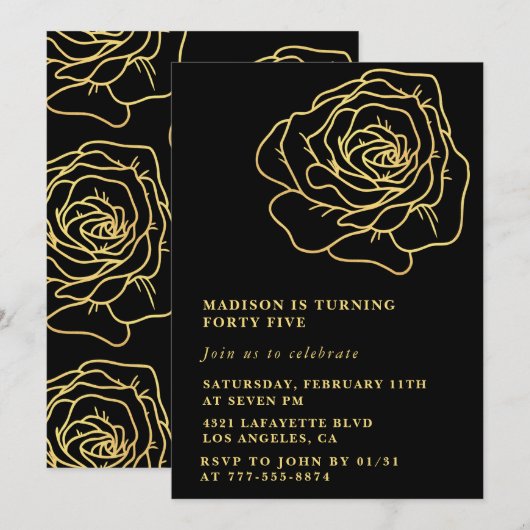Invitations Black 45e anniversaire Gold Flowers (Devant / Derrière)