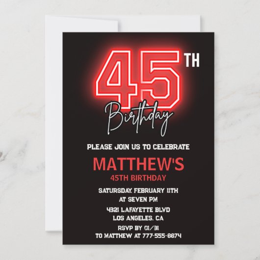 Invitations Black 45e anniversaire Hommes Neon (Devant)