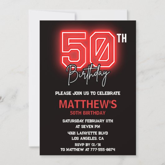 Invitations Black 50e anniversaire Hommes Neon (Devant)