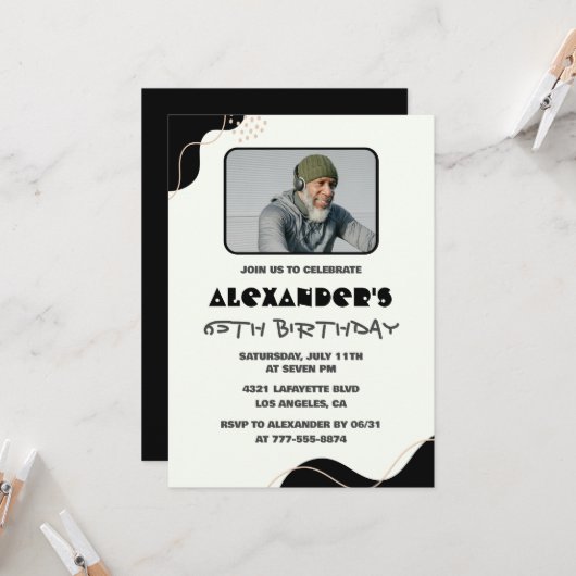 Invitations Black 65e anniversaire Hommes Simple P (Devant/Arrière en situation)