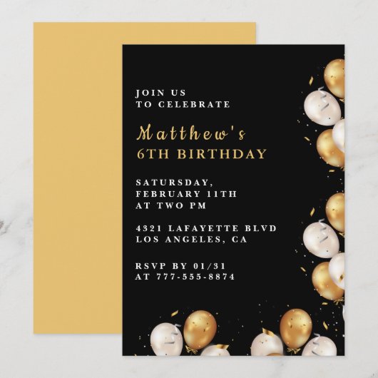Invitations Black 6e anniversaire Gold Balloon Boy (Devant / Derrière)