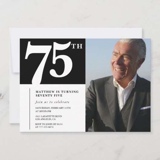 Invitations Black 75e anniversaire Modern Chic Pho (Devant)