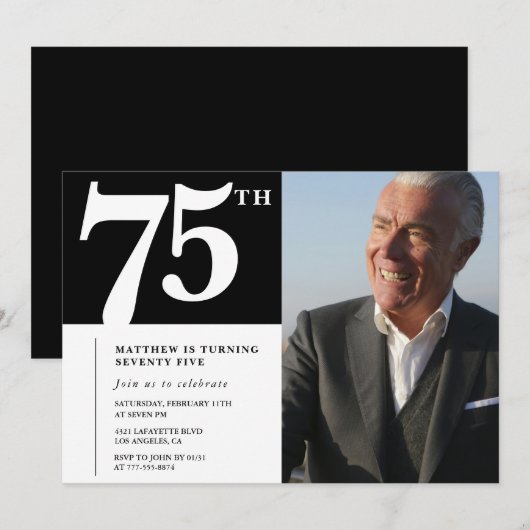 Invitations Black 75e anniversaire Modern Chic Pho (Devant / Derrière)