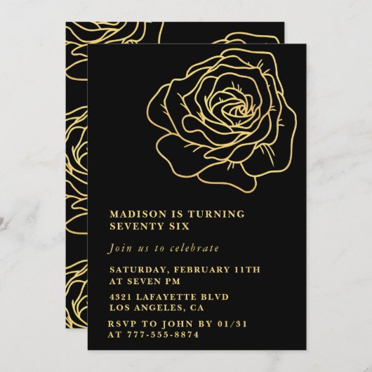 Invitations Black 76e anniversaire Gold Floral (Devant / Derrière)
