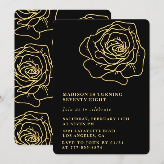 Invitations Black 78e anniversaire Gold Floral (Devant / Derrière)