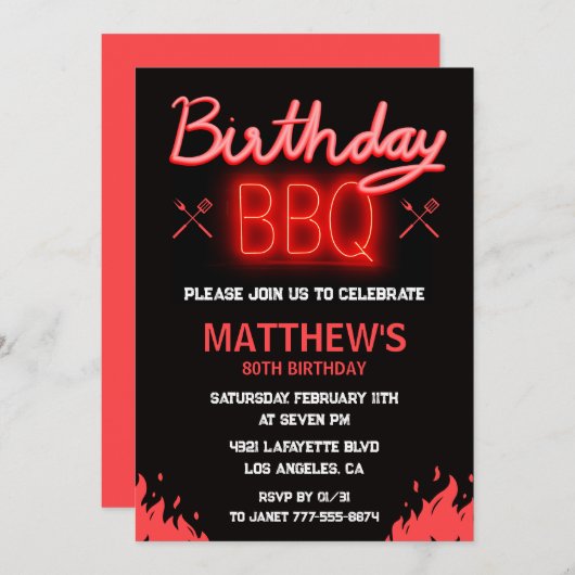 Invitations Black 80e anniversaire barbecue Simple (Devant / Derrière)
