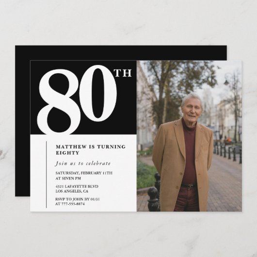 Invitations Black 80e anniversaire Modern Chic Pho (Devant / Derrière)