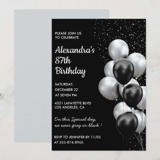 Invitations Black 87e anniversaire Balloons Silver (Devant / Derrière)