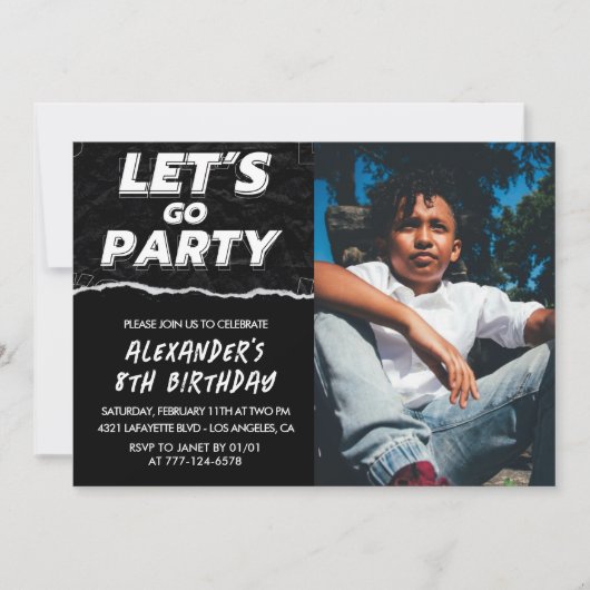 Invitations Black 8e anniversaire Boy Photo (Devant)